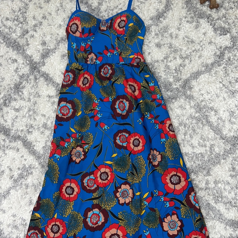 Blue long dress with red and yellow flower detailing